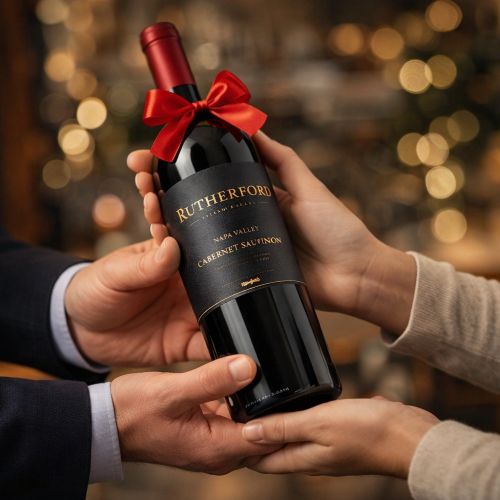 Corporate Gift handing over a Rutherford Wine Company bottle of wine